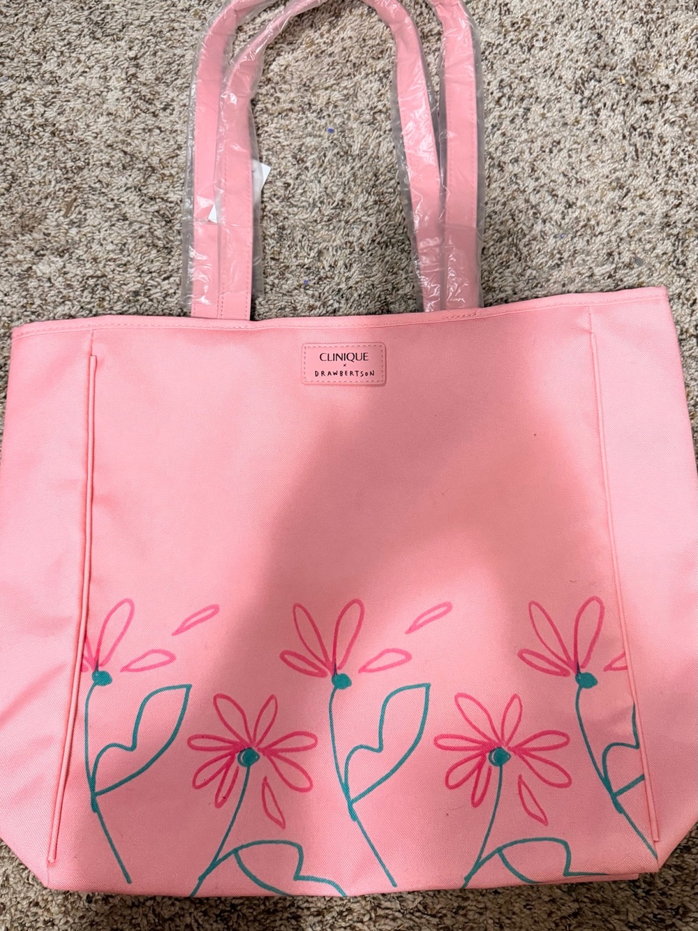 Clinique Pink Tote with Teal Floral Accents